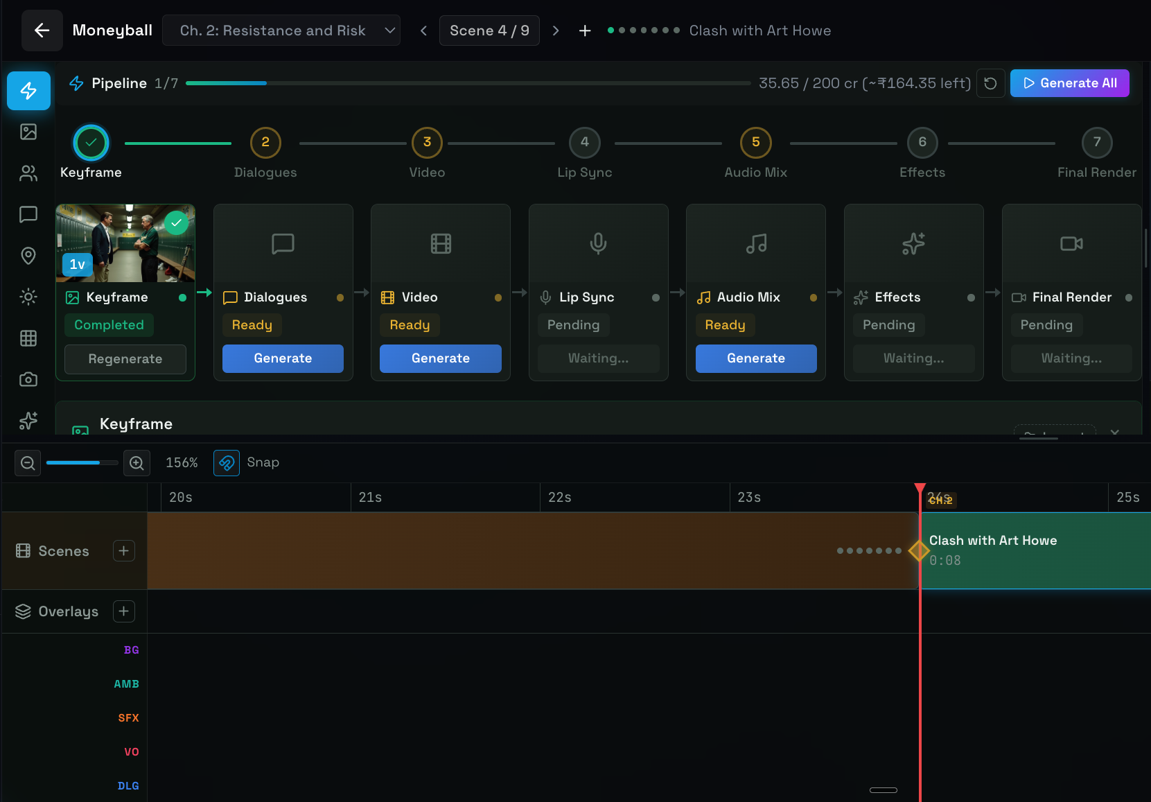 Movie Maker dashboard showing pipeline stages and timeline